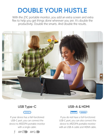 Arzopa Z1C Portable Monitor | 16.1" FHD 1080P Display with 100% sRGB