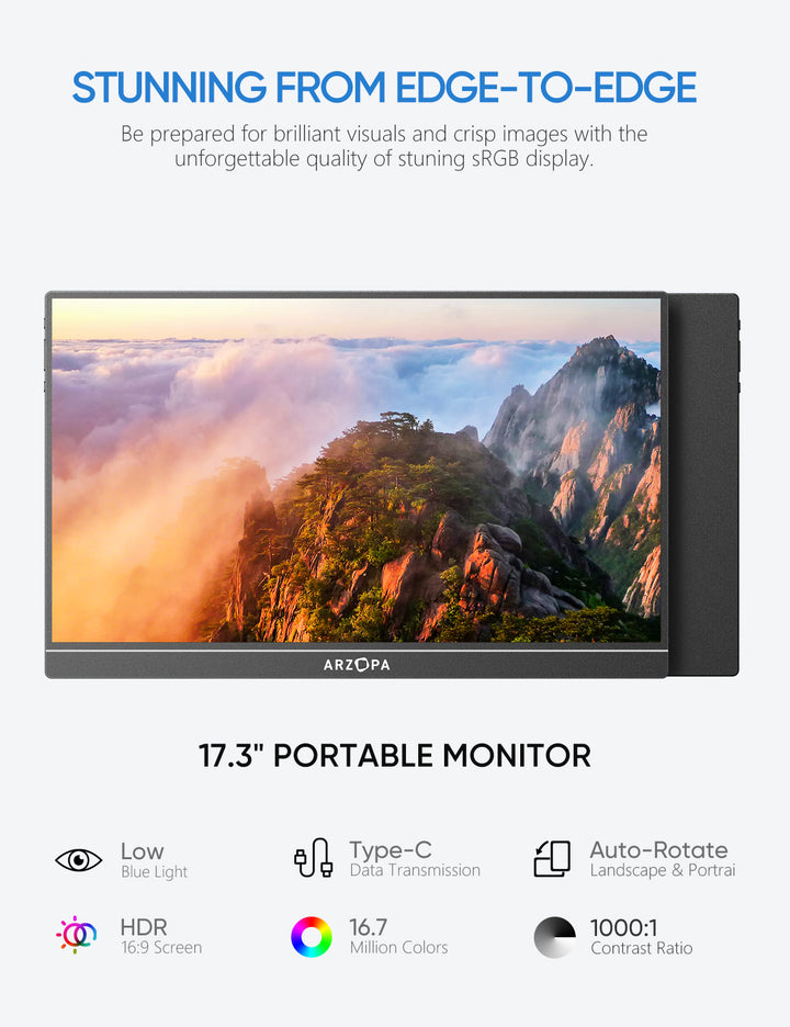 Portable Laptop Monitor - Arzopa A1M | 17.3'' sRGB 1080P FHD HDR IPS