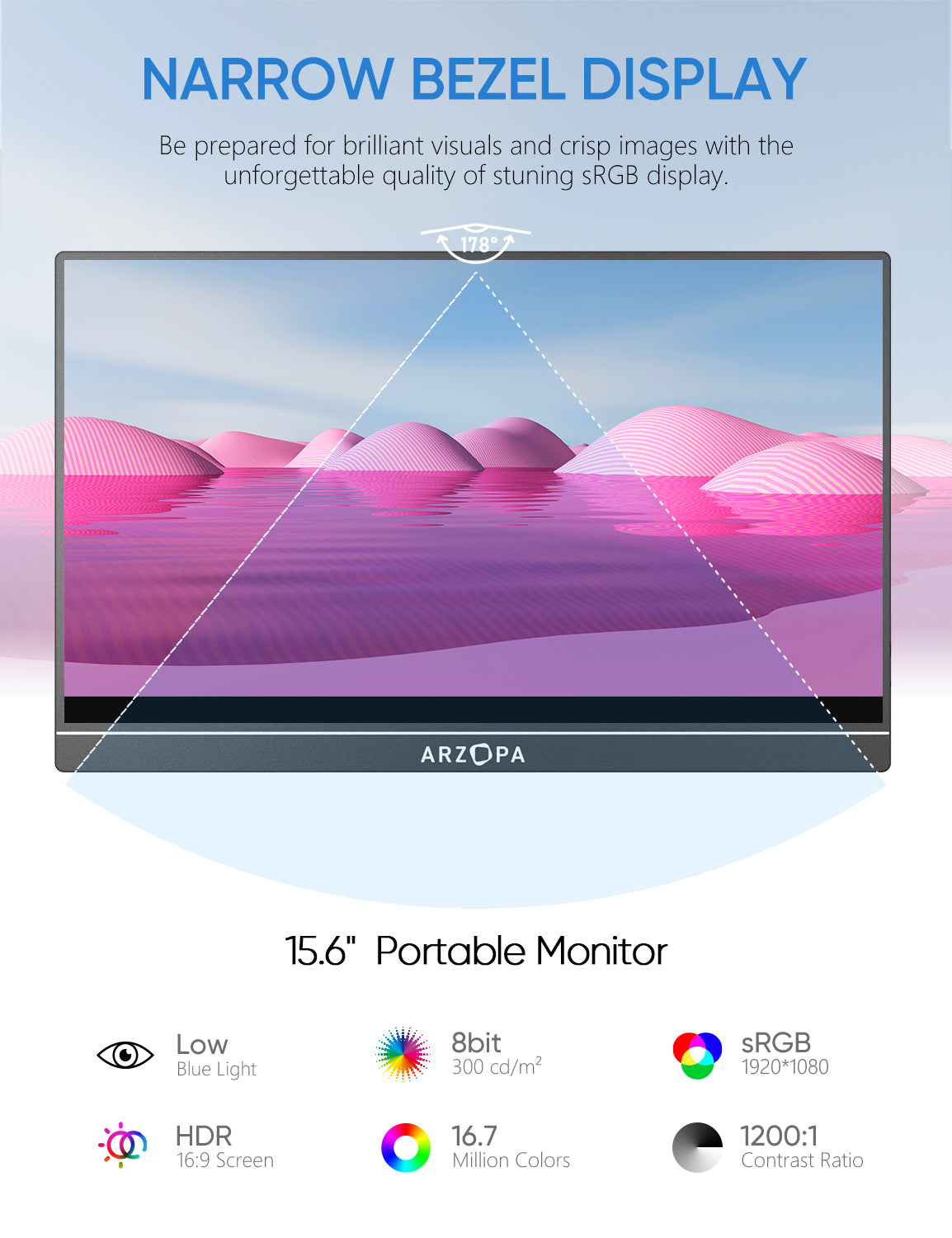 Arzopa Monitor portátil de 15.6 pulgadas IPS HDR 1920X1080 Full HD
