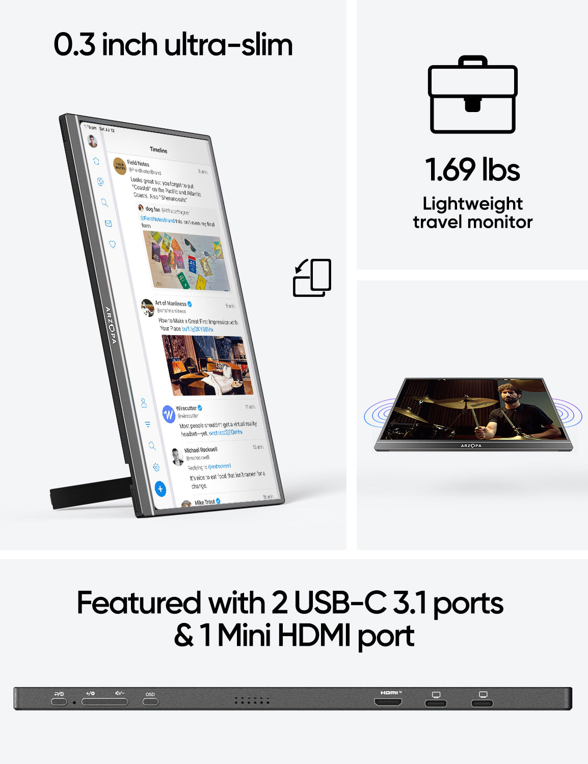 Arzopa 15.6 inch IPS FHD HDR 1080P Resolution 100% SRGB 300 Nits Portable  Monitor - XElectron