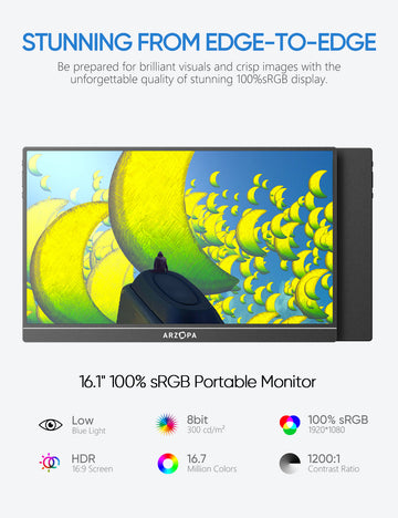 Arzopa Z1C Portable Monitor | 16.1" FHD 1080P Display with 100% sRGB