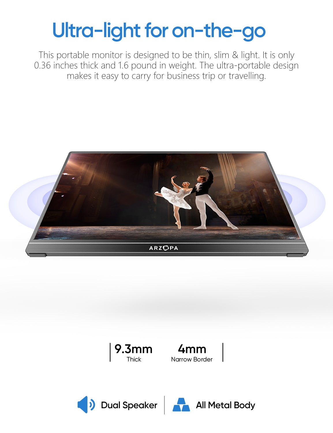 Arzopa A1 15.6 Inch FHD Lightweight Portable Travel Monitor - Arzopa