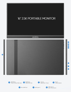 Arzopa Z1RC 16" 2.5K 16:10 Portable Monitor 123%sRGB - Arzopa