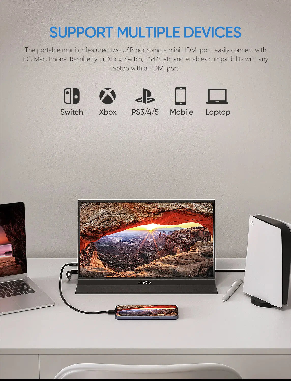 ARZOPA S1 Table Monitor Portátil Full HD de 15,6 y 1920x1080 Píxeles,  Pantalla Móvil Externa IPS con HDMI/Tipo-C/USB-C para  Portátil/PC/Mac/PS4/Xbox : : Informática